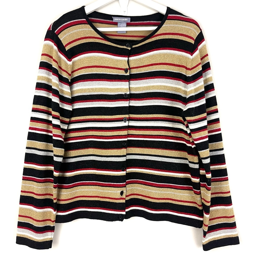 VTG Pierre Cardin Glitter Metallic Stripe Knit Cardigan Sweater